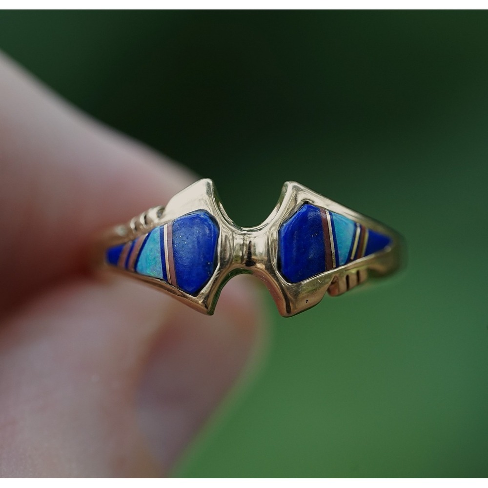 Ervin Hoskie EH - Navajo 14k Solid Gold Turqiouse Lapis Coral Ring - Size 7.25